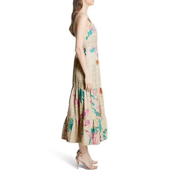 New! TRACY REESE Women's Retro 80's Style Embroidered Tiered Hem 100% Silk Dress - Picture 3 of 7